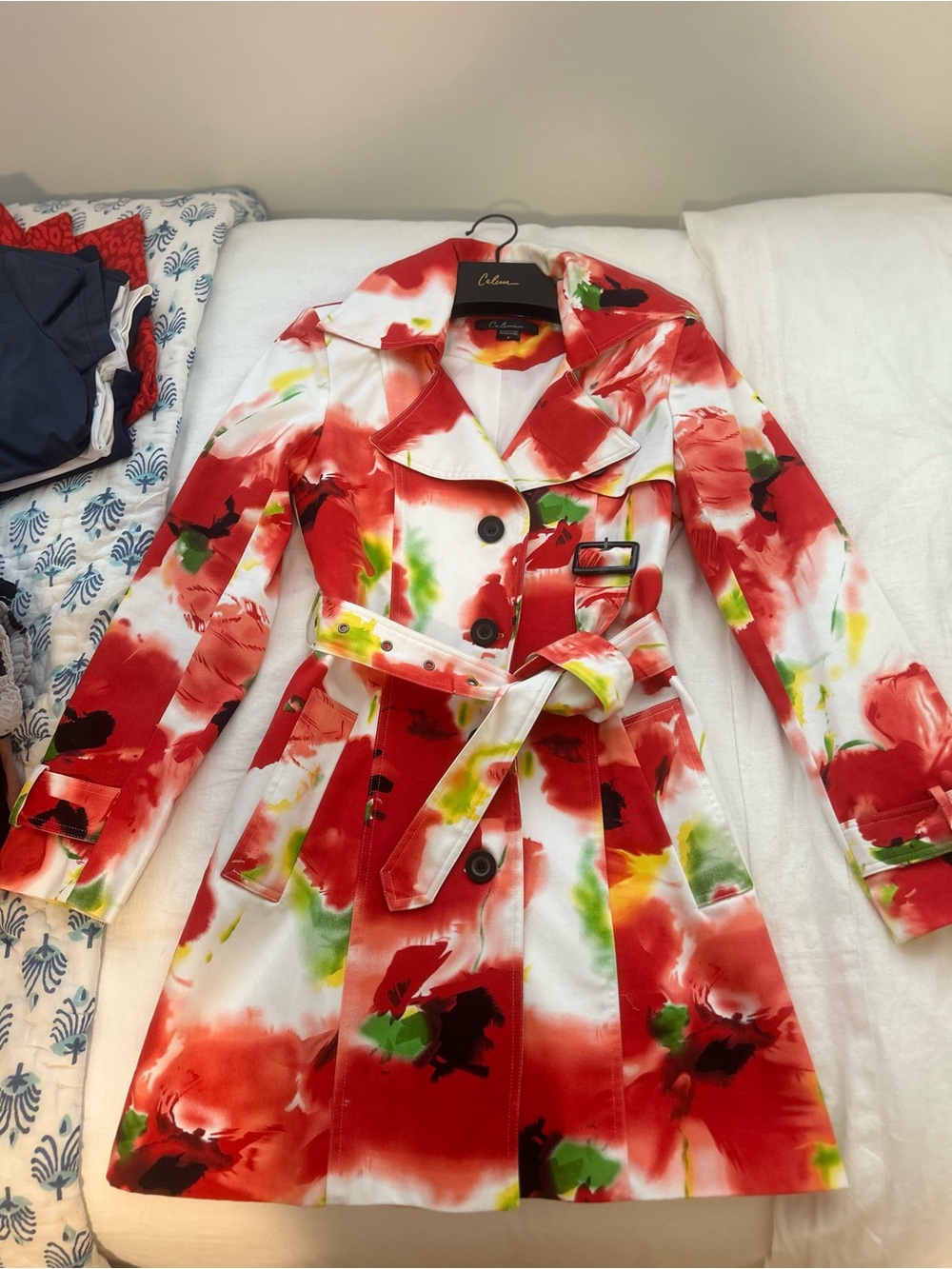 Colorful Red Floral Trench Coat by Calessa